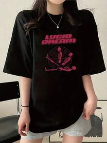 | Exquisite Design | Loose And Comfortable | Easy To Match | Women's Black Pure Cotton T-Shirt, 180g, With Pink Text "Lucid Dream" And Pink Skeleton Pattern And Radiant Lines, Printed In A Modern Style With Dreamy Elements, Slightly Elastic, Ideal For Showcasing A Modern And Dreamy Style, Machine Washable, A Practical Item To Wear With A Modern And Dreamy Style. - 黑色 - 查看 5