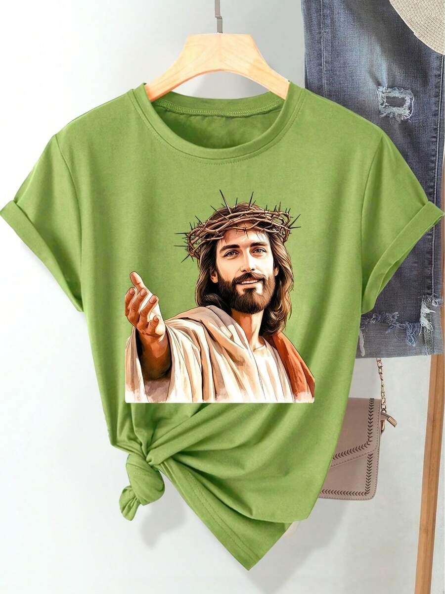 Women's Casual Spring/Summer/Autumn Sports T-Shirt, Soft And Comfortable, Short Sleeve And Round Neck, With The Image Of Jesus (Easter) With A Crown Of Thorns, With A Modern And Elegant Style, Available In Sizes S-XXL. - 綠色 - 查看 1