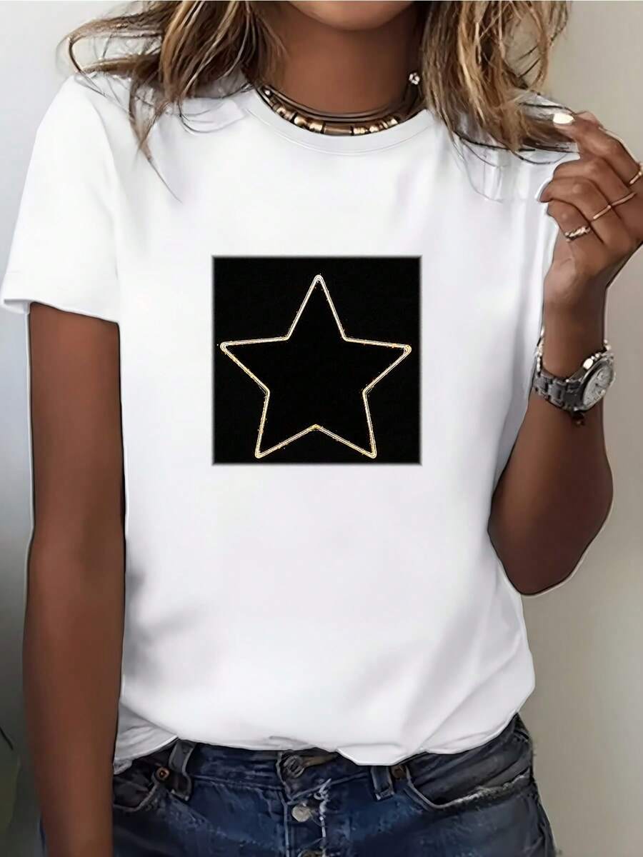 Women's Casual Sports T-Shirt - White Round Neck Elastic T-Shirt With Black Star, Machine Washable, Comfortable Fit For All Seasons, For Leisure And Daily Style, Model With Tan Skin. - 白色 - 查看 1