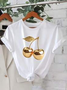 Women's Casual Sports T-Shirt In White With Sparkling Gold Cherry Graphic - Elastic Round Neck T-Shirt, Machine Washable, Comfortable Fit And Suitable For All Seasons, Modern And Chic Style. - 白色 - 查看 1