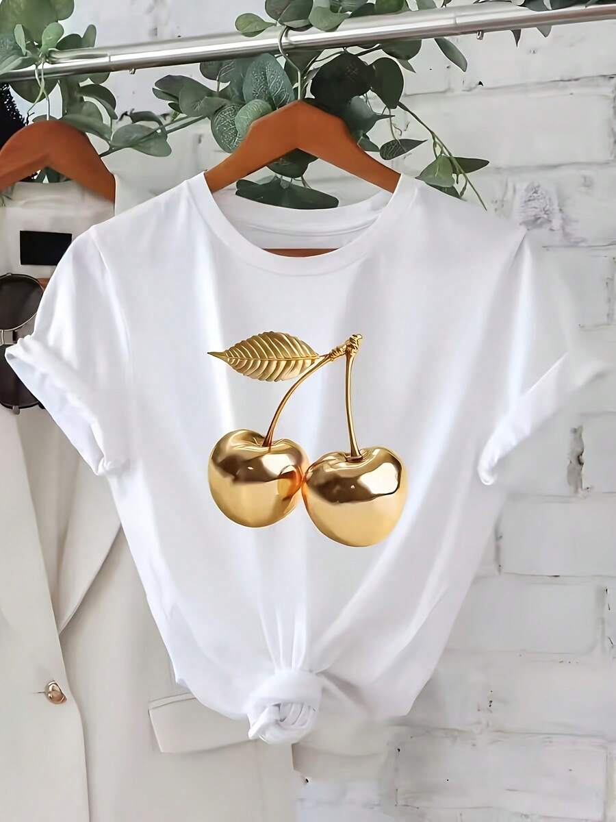 Women's Casual Sports T-Shirt In White With Sparkling Gold Cherry Graphic - Elastic Round Neck T-Shirt, Machine Washable, Comfortable Fit And Suitable For All Seasons, Modern And Chic Style. - 白色 - 查看 1