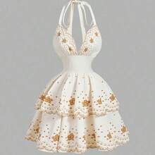 MOD Vestido mini con estampado floral, escote halter y volantes, para vacaciones - Albaricoque - Ver 3