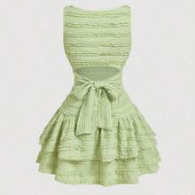 MOD Vestido corto verde con cuello redondo, espalda descubierta, tirantes con lazo y dobladillo de doble capa - Verde - Ver 4