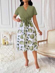 Vestido de mujer con cuello en V y cinturón, manga corta, vestido largo de verano para mujer - Verde Oliva - Ver 5