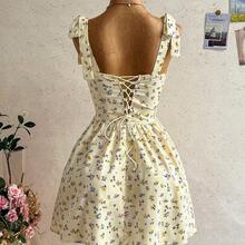 Nuevo vestido mini de línea A con cordones, estilo dulce y lindo, bohemio, romántico con estampado floral, para vacaciones, fiesta, cita, San Valentín, Pascua, carnaval, té de la tarde, playa, crucero, vacaciones en la ciudad - Multicolor - Ver 3