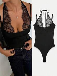 Bodys de encaje y parches con escote halter, ajustados para uso diario, citas, vacaciones, fiestas, festivales de música, de verano elegante en color negro - Negro - Ver 1