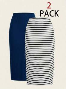 2 piezas Conjunto de falda casual de mujer a rayas y de unicolor, Conjunto a juego, Falda, Faldas para mujer, Falda a rayas, Casual - Azul y blanco - Ver 8