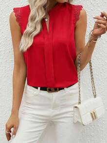 Clasi Camisa de mujer sin mangas de unicolor con cuello en V elegante y parche de encaje, verano - Rojo - Ver 4