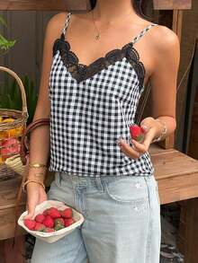 Frenchy Camis Malla en contraste Bordado Liso Elegante - Negro 2 - Ver 5