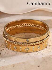 Camhanno 3pcs/1pc Wrist Flower Language Four Leaf Clover Bracelet | 18K Gold Plated Stainless Steel Small Design Women's Bracelet - Gold - View 4