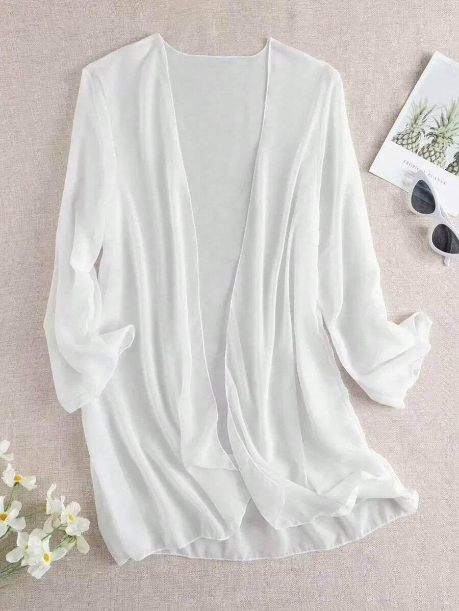 Swim Basics Kimono de gasa transparente de verano con abertura frontal - Blanco - Ver 1