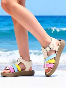 1 Pair Kids' Beige, Pink & Yellow Color Block Flat Sandals, PU Leather & Rubber Woven Color Block Design, Ankle Hook And Loop Closure, Round Toe, Non-Slip Breathable Sole, Sweet Casual Roman Style Sandals, Suitable For 3-12 Years Old Boys & Girls, Spring/Summer 2026 New Arrival - Multicolor - View 9
