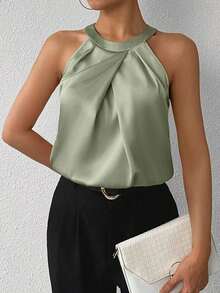 Privé Blusa de satén sin mangas con cuello de volantes de unicolor elegante para la oficina y el trabajo, color champán - Verde - Ver 5
