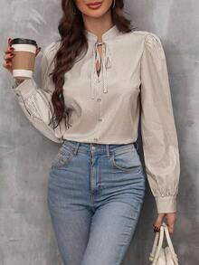 LUNE Blusa de manga farol con cuello de corbata y estampado de rayas, blusas de manga larga - Caqui - Ver 7