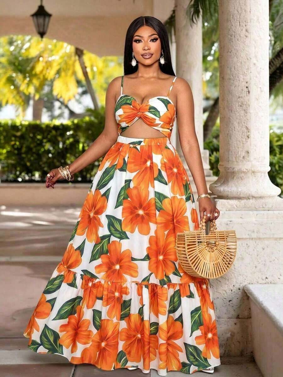 Vestido maxi elegante y casual para mujer de talla grande con estampado floral romántico, sin mangas, con cintura ceñida y nudo, tirantes de espagueti, para vacaciones en la playa, primavera y verano, para el verano en Hawái, vestidos de verano p - Naranja - Ver 1