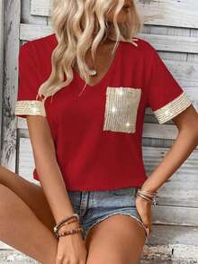 LUNE Camiseta de mujer casual de manga corta con cuello en V, parches y lentejuelas - Burdeos - Ver 3