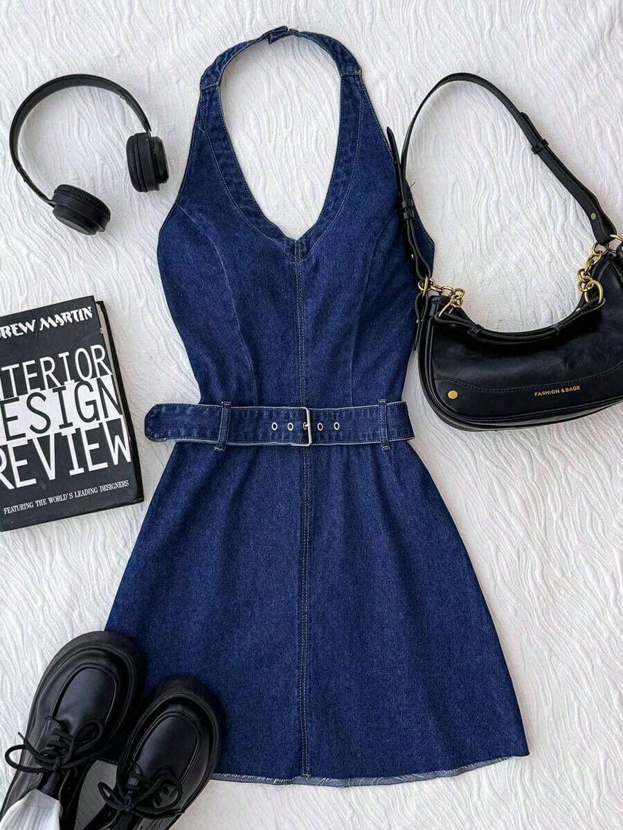 Vestido de mezclilla con espalda descubierta, cuello halter y lazo en la cintura para tallas grandes - Azul lavado oscuro - Ver 1