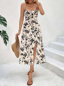 Frenchy Vestido midi con tirantes de espagueti, abertura y estampado floral para mujer, ropa casual para vacaciones - Multicolor - Ver 4