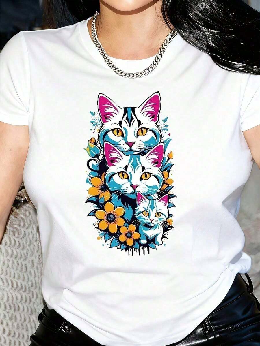 Camiseta Casual para Mujer con Diseño Vibrante de Gato y Flores - Manga Corta, Cuello Redondo, Mezcla Elástica, Perfecta para Primavera y Verano, Ropa Casual de Verano, Camiseta con Diseño Divertido, Ajuste Cómodo y a la Moda - Blanco - Ver 1