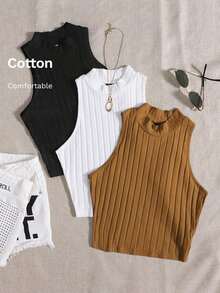 Top de tanque casual sólido de cuello redondo acanalado para el verano - Multicolor 5 - Ver 5