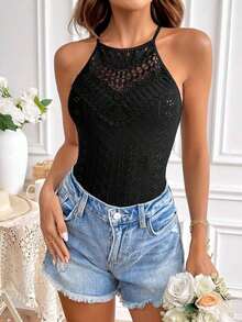 Frenchy Top sin mangas ajustado con cuello de halter y encaje de contraste para vacaciones de mujer - Negro - Ver 6