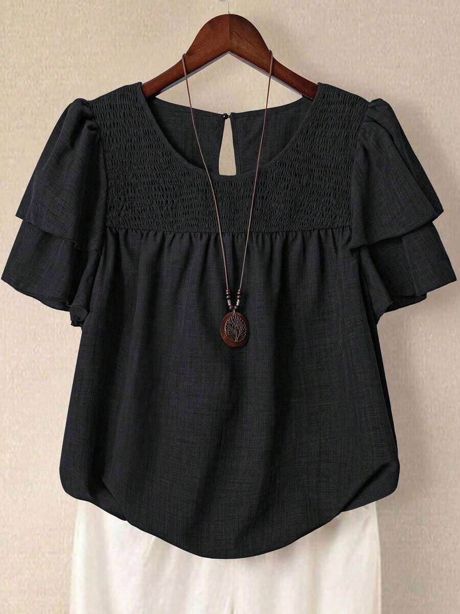 Linhara Blusa casual de verano de talla grande para mujer, de unicolor, cuello redondo, manga corta de doble capa, plisada, de moda versátil para vacaciones - Negro - Ver 1