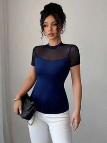 Camiseta de mujer de manga corta con cuello redondo, color liso, efecto transparente y parches, versátil para el verano de 2025 - Azul marino - Ver 7