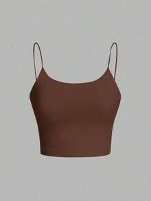 Camiseta de tirantes finos de un solo color simple, uso casual de todos los días para mujeres - Marrón - Ver 6