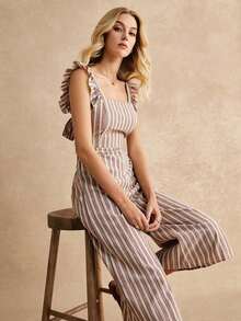 Frenchy Jumpsuit sisa con fruncido con cordón trasero de rayas - Caqui - Ver 4