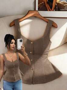 Top de tirantes anchos con cuello cuadrado, abotonado delantero, cintura plisada y ajustado para mujer, unicolor y elegante - Marrón Mocha - Ver 8