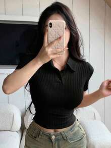 casual de mujer de unicolor con cuello polo y manga corta, para el verano, top corto para mujeres - Negro - Ver 1