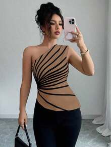 Blusa de punto con estampado de hombro oblicuo elegante para vacaciones de verano para mujer - Marrón - Ver 6