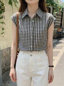 Summer Fashion Plaid Single-Breasted Drop Shoulder Short Sleeve Shirt, Polyester Contrast Color Front Button, Suitable For Spring, Summer, Autumn, Versatile For All Occasions - Black and White - View 1