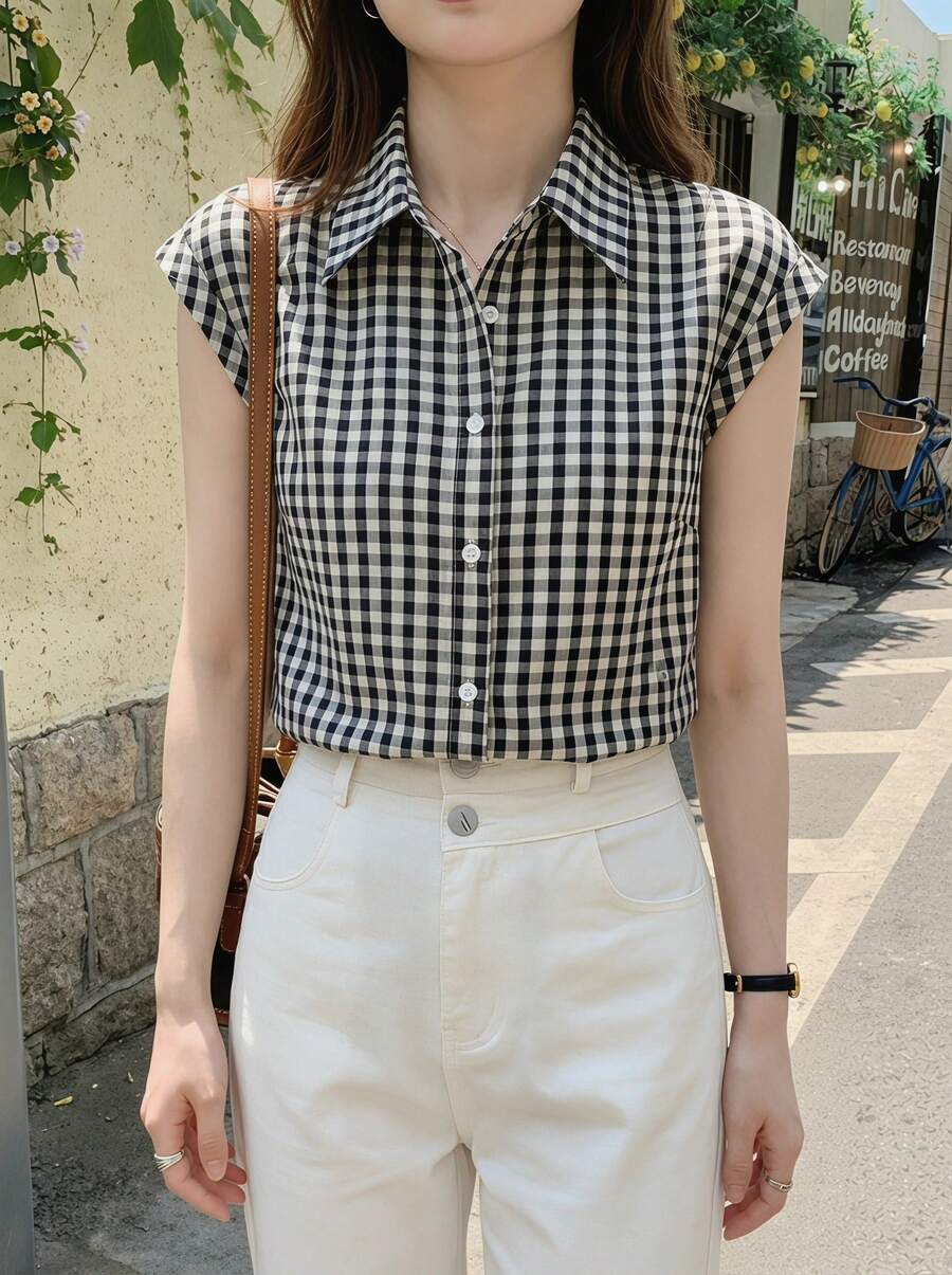 Summer Fashion Plaid Single-Breasted Drop Shoulder Short Sleeve Shirt, Polyester Contrast Color Front Button, Suitable For Spring, Summer, Autumn, Versatile For All Occasions - Black and White - View 1