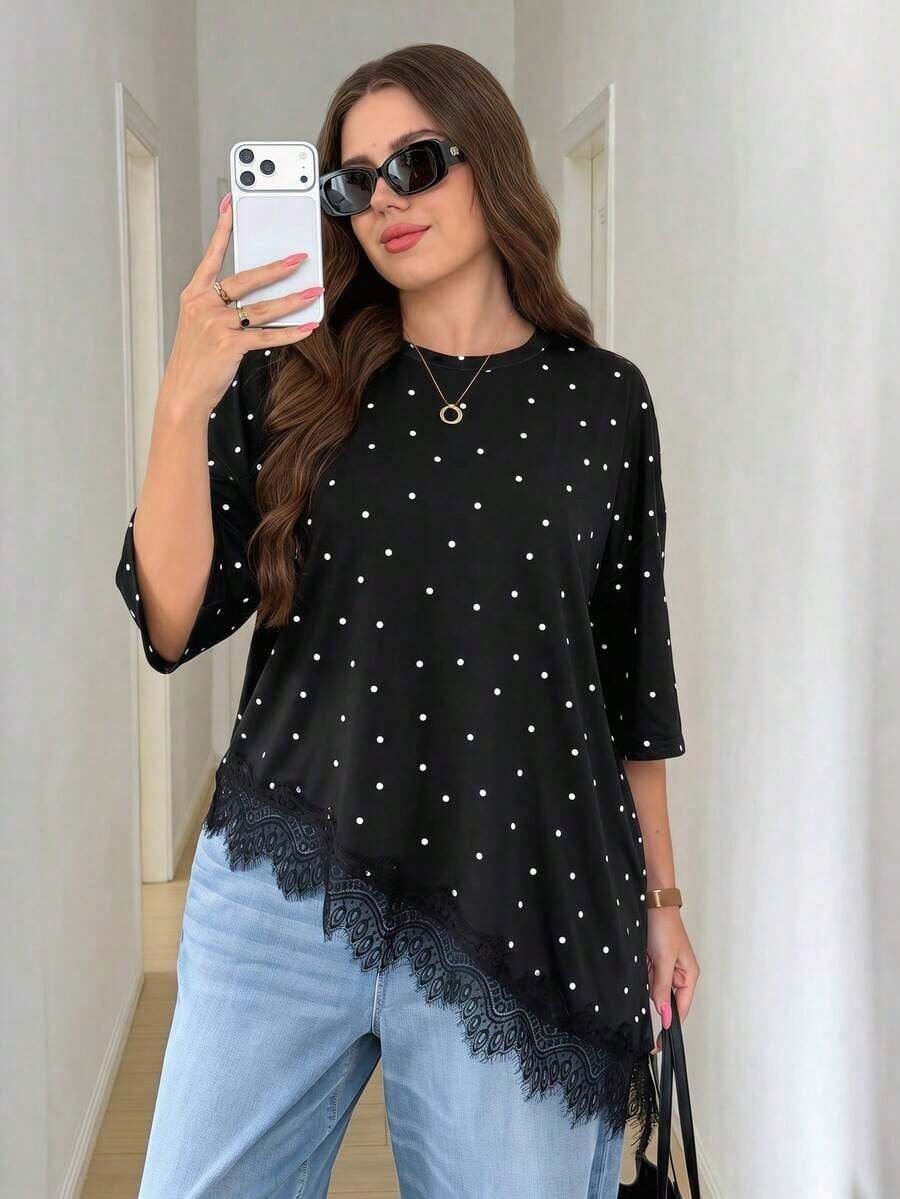 LUNE Camiseta de talla grande con parches de encaje y bajo asimétrico de unicolor - Blanco y Negro - Ver 1