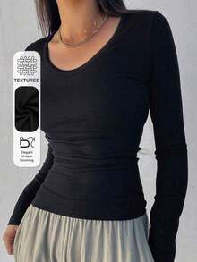 Camiseta de manga larga y cuello redondo de ajuste ceñido para mujer, versátil y casual, ropa de otoño - Negro - Ver 2