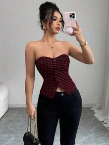 Top corto sin mangas con botones delanteros y estampado de pata de gallo, para uso en oficina o viajes, de moda para el verano - Burdeos - Ver 7