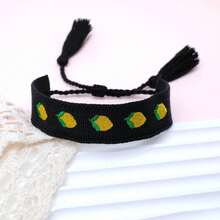 1pc Embroidered Lemon Elegant & Cute Handmade Braided Bracelet, Adjustable Size, Suitable For Party, Travel, Boho Style - Black - View 3