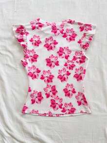2 piezas Conjunto con Camiseta de Punto Blanco Acanalado con Volantes WYWH y Camiseta Sólida de Color Cereza, Estilo Bohemio, Boho, Floral Romántico, Vacaciones, Estilo Floral para Fiesta, Cita, Día de San Valentín, Pascua, Carnaval, Té de la Tarde - Rosa 2 - Ver 2