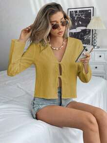Blusa suelta de hombros caídos con nudo delantero, unicolor, de estilo informal, con mangas acampanadas para mujer - Mostaza Amarilla - Ver 3