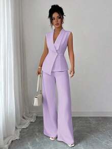 Conjunto de oficina elegante para mujer, compuesto por una chaqueta blazer sin mangas con cuello y bajo asimétrico, con hebilla metálica en la cintura, combinada con pantalones de cintura elástica.Conjunto de 2 piezas elegante para primavera/verano, atuendo formal y de clase para mujer. - Púrpura malva - Ver 6