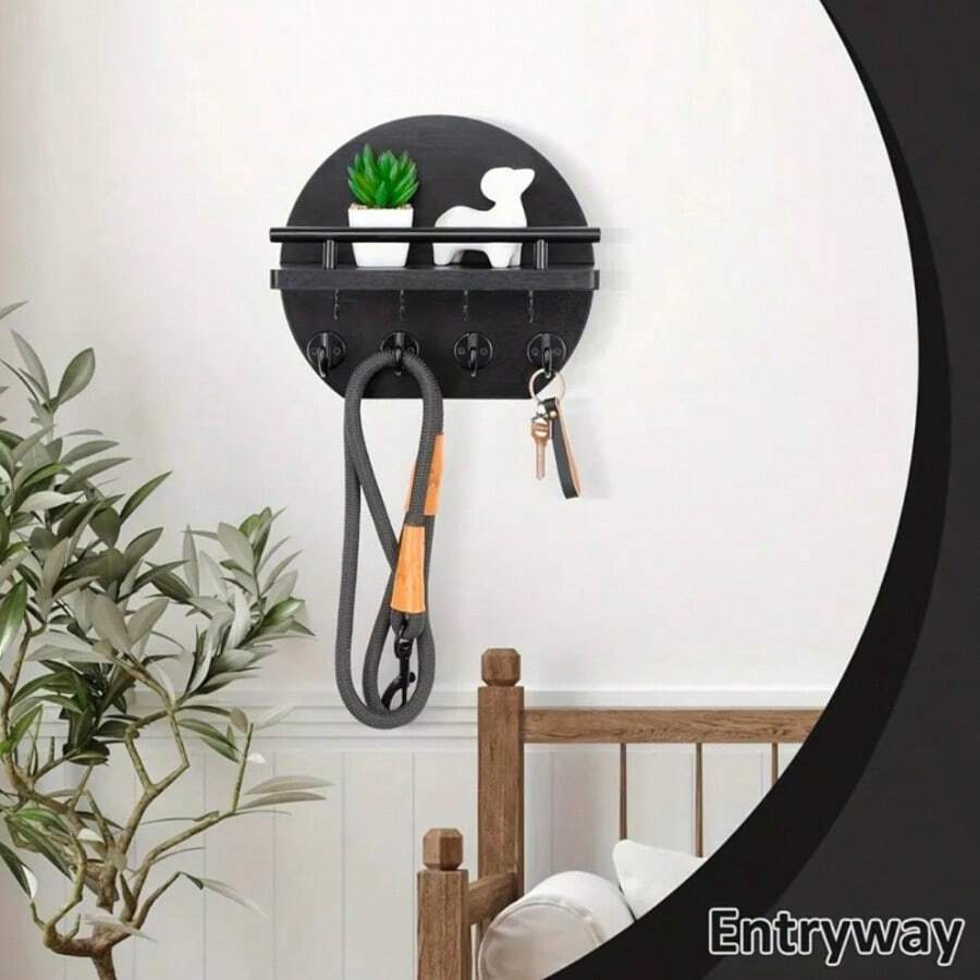 Wall Mounted Key Holder - Apartment Wall Decor With Shelf And 8 Key Hooks, Round Wooden Key Rack, Home Decoration - 5 Hooks - View 1