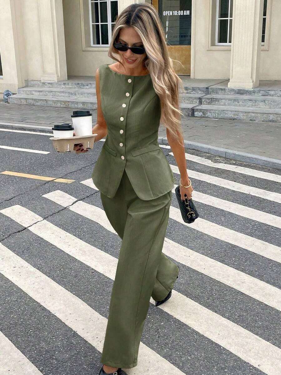 Set de 2 piezas para mujer con top sin mangas con botones delanteros lisos y pantalones largos, conjunto casual - Verde - Ver 1