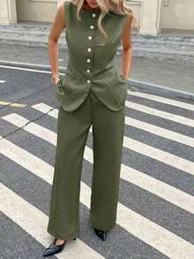 Set de 2 piezas para mujer con top sin mangas con botones delanteros lisos y pantalones largos, conjunto casual - Verde - Ver 5