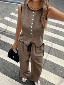 Conjunto de 2 piezas de top tipo camiseta y pantalones de verano casuales con ribete en contraste para mujer - Caqui - Ver 4