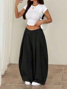Pantalones anchos de verano con dobladillo curvo verde, estilo vintage, casual y para salir - Negro - Ver 3