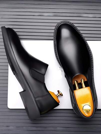 Soft Leather Men's Slip-On Shoes, Casual Formal Business Dress Shoes, High-End Minimalist Slanted Elastic Band Design, Suitable For Mature Office Suit Matching, Groom And Groomsman Shoes