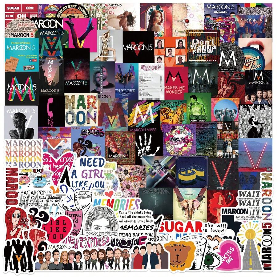 100張 Maroon 5 五人樂團貼紙包,流行搖滾音樂專輯貼紙,適用於筆電、吉他、滑板、手機殼、日誌與剪貼簿裝飾 - 彩色 - 查看 1