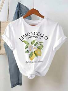 1 camiseta blanca para mujer con estampado de flores de limón, cuello redondo, camiseta casual de algodón, tejido de punto de elasticidad media, corte regular para damas, para primavera/verano/otoño. - Blanco - Ver 6