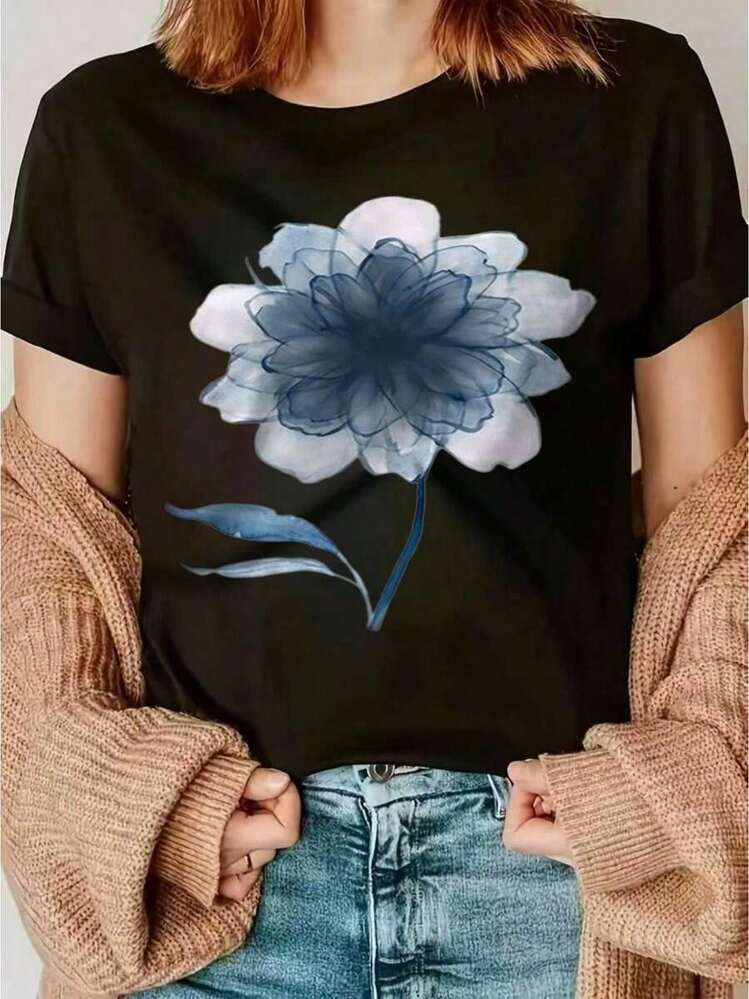 Artistic T-Shirt With Translucent And Stylized Floral Design, Petals In Blue And White Gradient On A Black Background, Soft Cotton, Casual Round Neck, Comfortable And Versatile, Sporty Style, Dreamy Ethereal Design For Women - màu đen - Xem 1